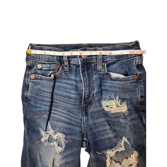 American Eagle Jeans 000 Long Mom Jean Stretch Straight Blue Denim Distressed - Picture 3 of 5